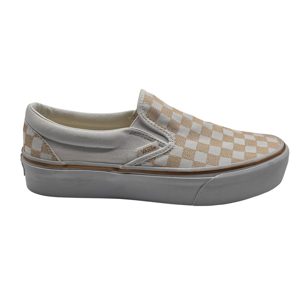 Vans Classic Slip-On Platform Mens 7.5 Metallic Gold Checkerboard Sneaker Shoes